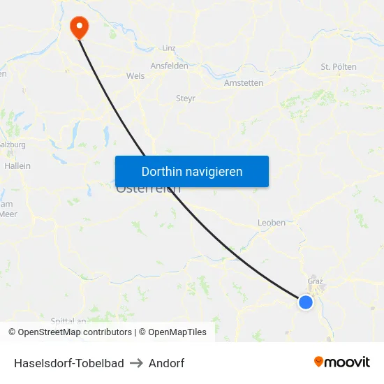 Haselsdorf-Tobelbad to Andorf map