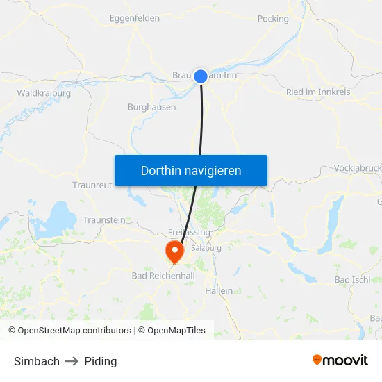 Simbach to Piding map