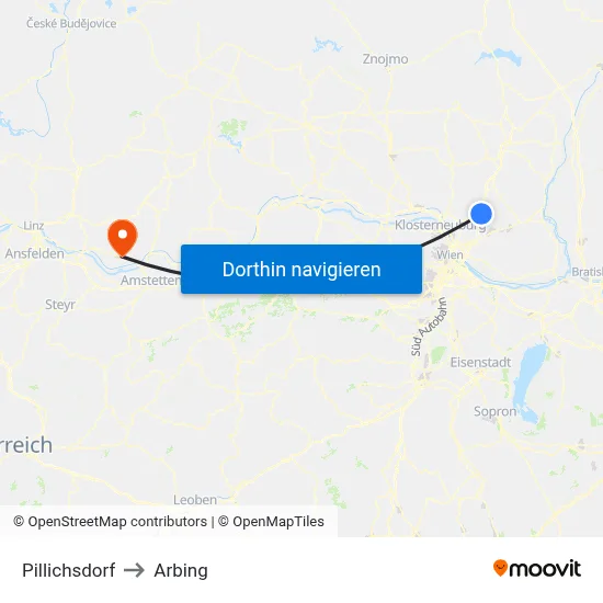 Pillichsdorf to Arbing map