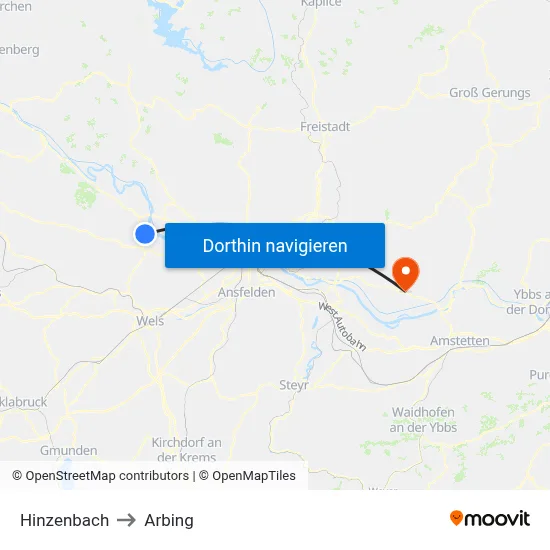 Hinzenbach to Arbing map
