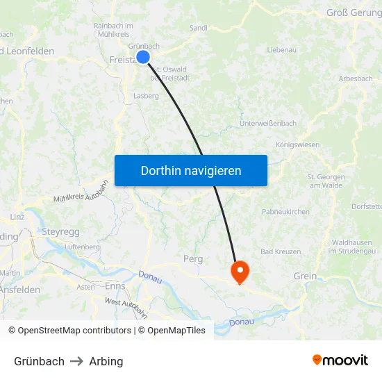 Grünbach to Arbing map