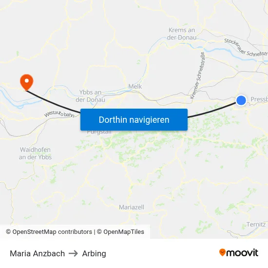 Maria Anzbach to Arbing map