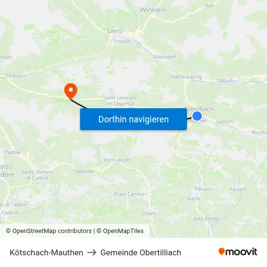 Kötschach-Mauthen to Gemeinde Obertilliach map