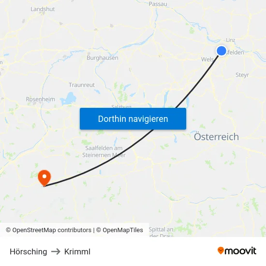 Hörsching to Krimml map