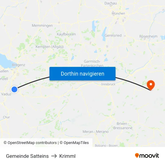 Gemeinde Satteins to Krimml map
