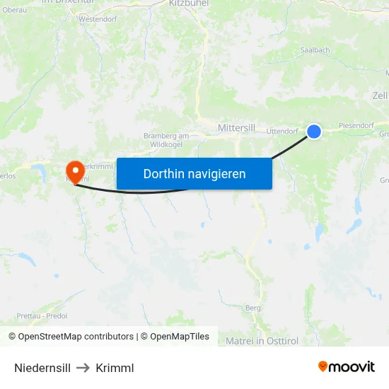 Niedernsill to Krimml map
