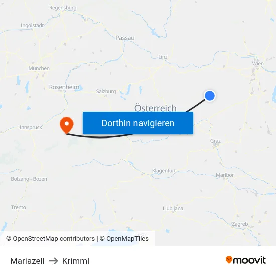 Mariazell to Krimml map