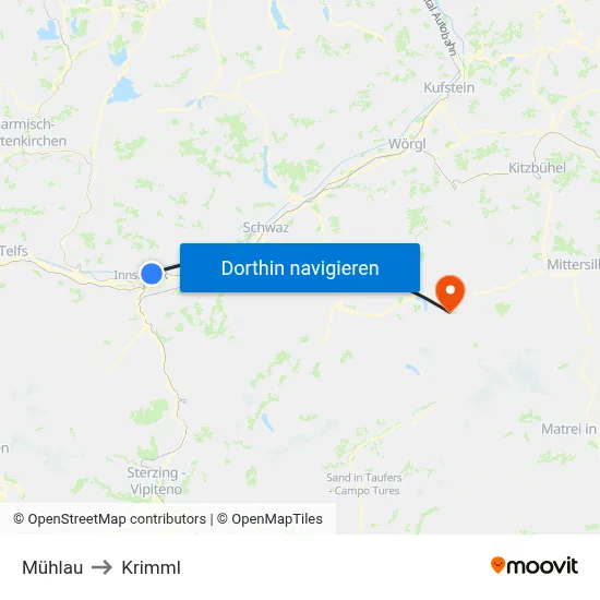 Mühlau to Krimml map