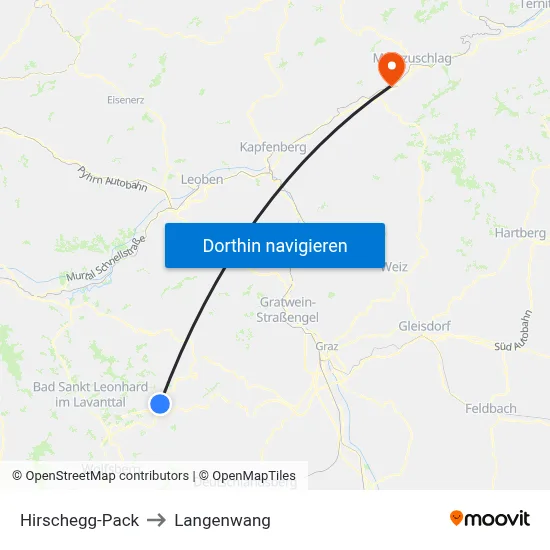 Hirschegg-Pack to Langenwang map