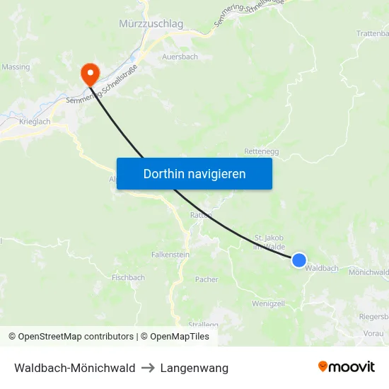Waldbach-Mönichwald to Langenwang map