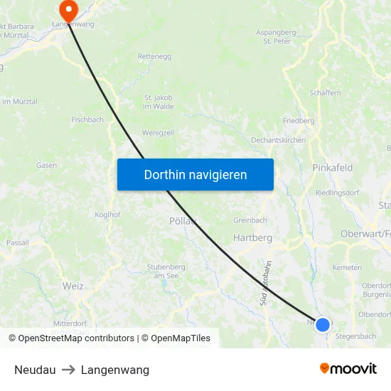 Neudau to Langenwang map