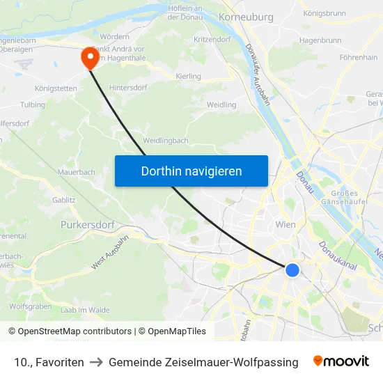 10., Favoriten to Gemeinde Zeiselmauer-Wolfpassing map