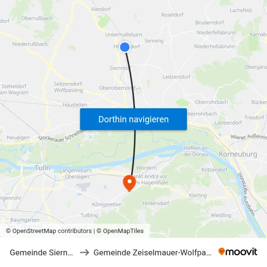 Gemeinde Sierndorf to Gemeinde Zeiselmauer-Wolfpassing map