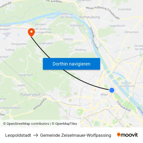 Leopoldstadt to Gemeinde Zeiselmauer-Wolfpassing map