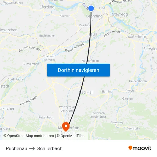 Puchenau to Schlierbach map