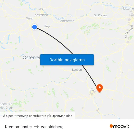 Kremsmünster to Vasoldsberg map
