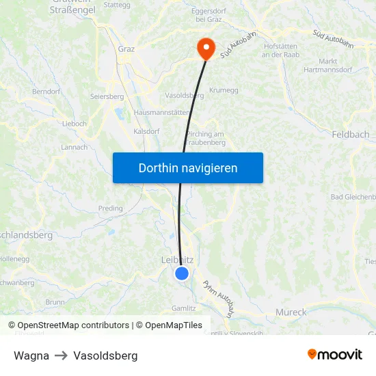 Wagna to Vasoldsberg map