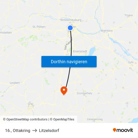 16., Ottakring to Litzelsdorf map