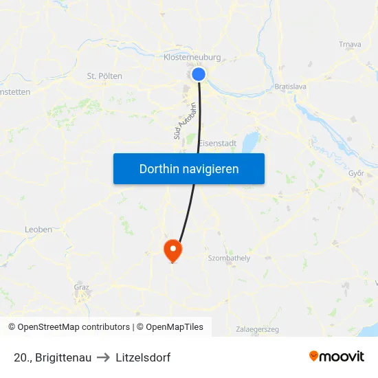 20., Brigittenau to Litzelsdorf map