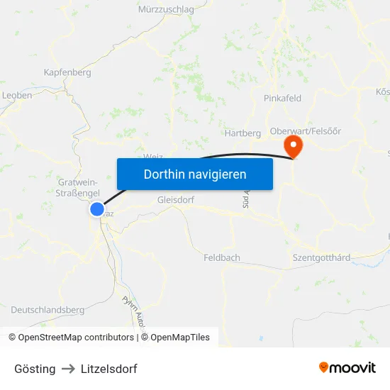 Gösting to Litzelsdorf map