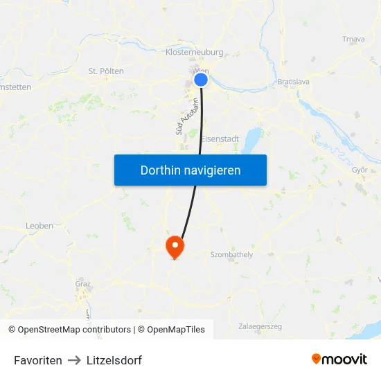 Favoriten to Litzelsdorf map