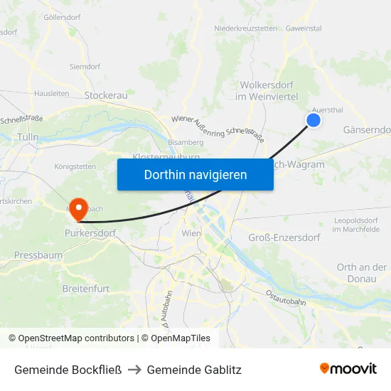 Gemeinde Bockfließ to Gemeinde Gablitz map