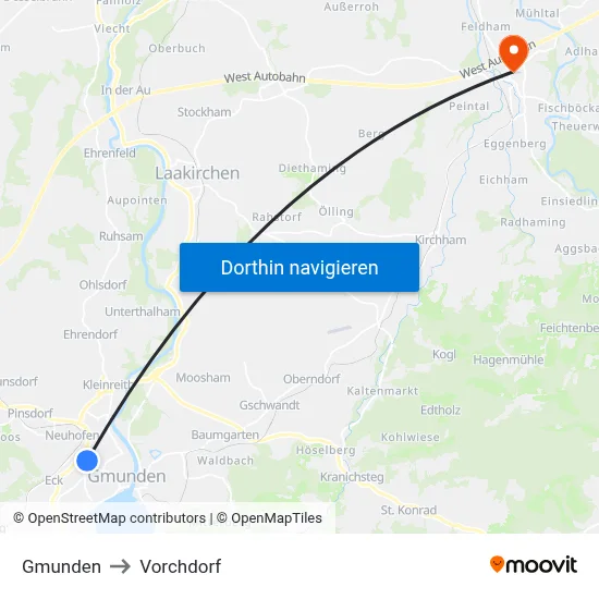 Gmunden to Vorchdorf map