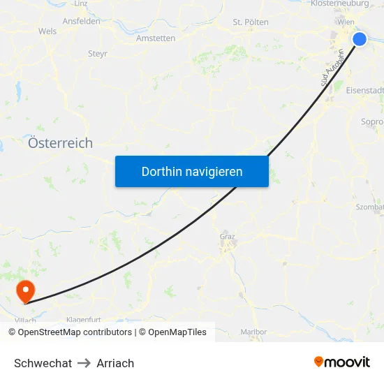 Schwechat to Arriach map