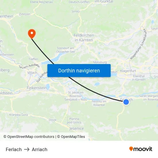 Ferlach to Arriach map