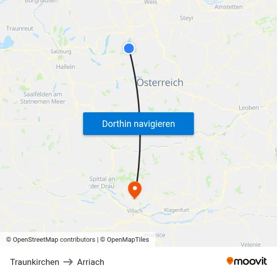 Traunkirchen to Arriach map