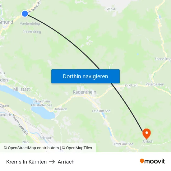 Krems In Kärnten to Arriach map