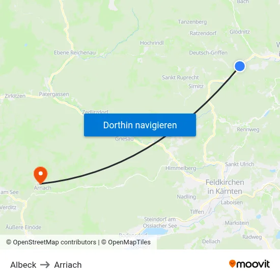 Albeck to Arriach map