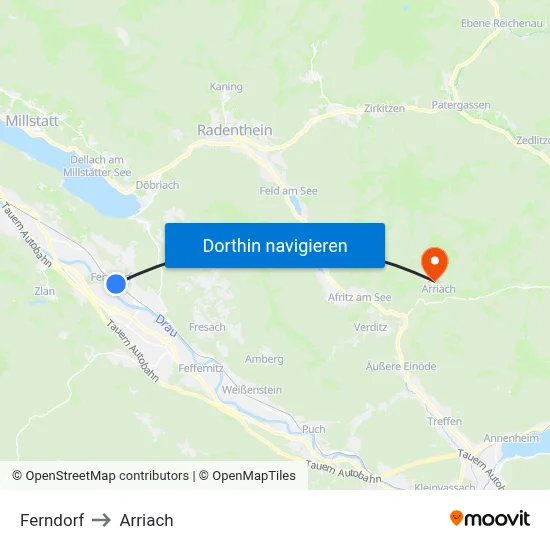 Ferndorf to Arriach map