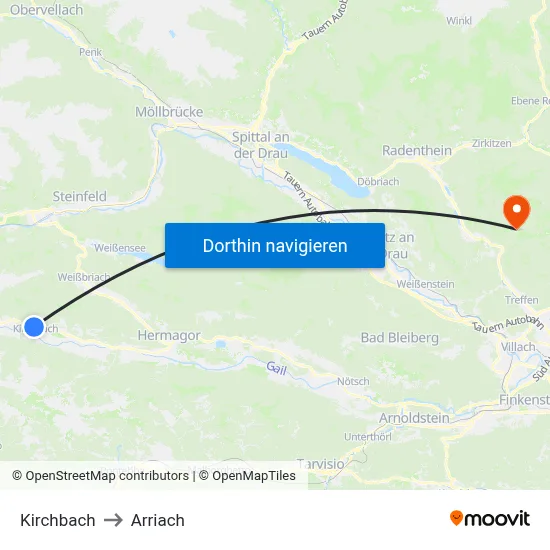 Kirchbach to Arriach map