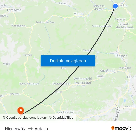 Niederwölz to Arriach map