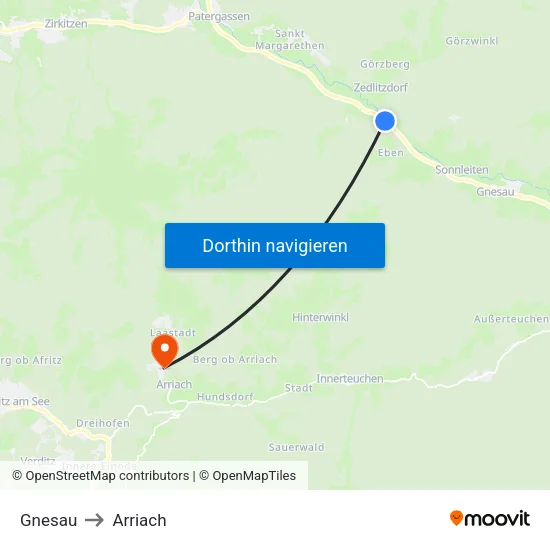 Gnesau to Arriach map