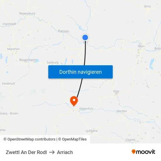 Zwettl An Der Rodl to Arriach map