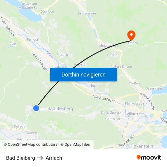 Bad Bleiberg to Arriach map