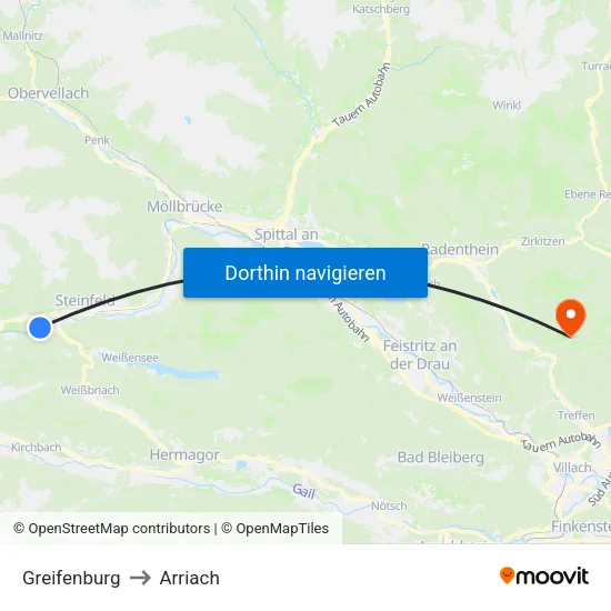 Greifenburg to Arriach map