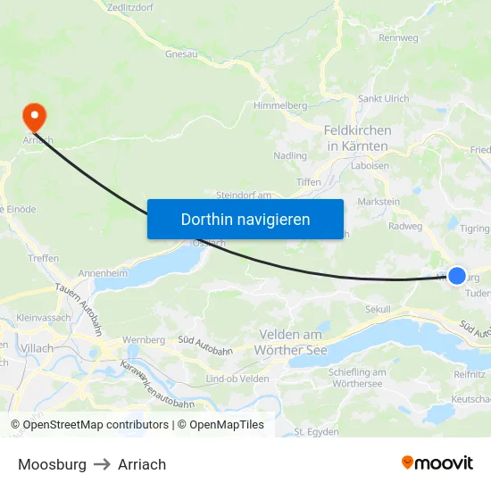 Moosburg to Arriach map