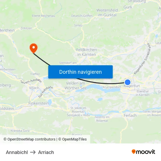 Annabichl to Arriach map