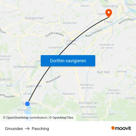 Gmunden to Pasching map