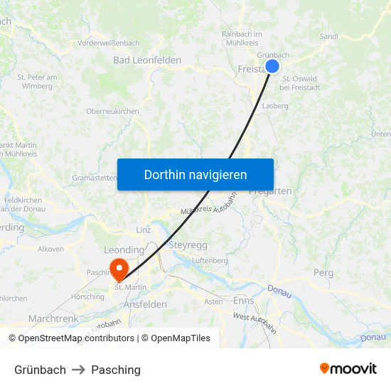 Grünbach to Pasching map