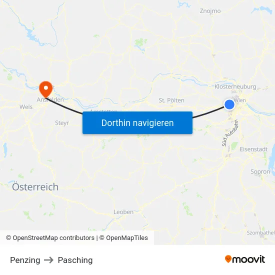 Penzing to Pasching map