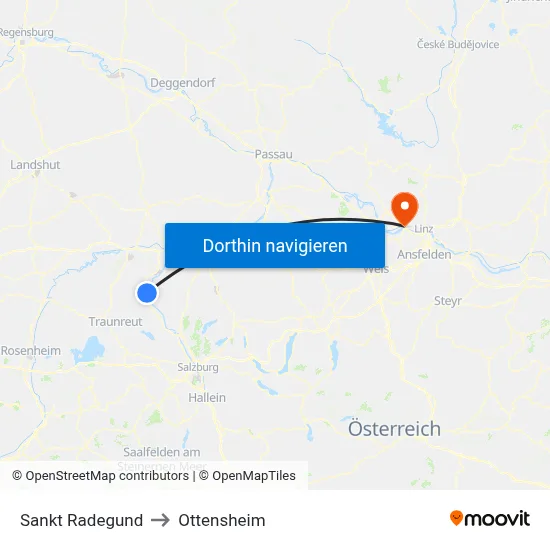 Sankt Radegund to Ottensheim map