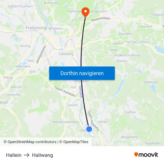 Hallein to Hallwang map