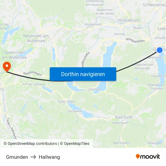 Gmunden to Hallwang map