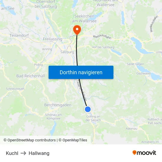 Kuchl to Hallwang map