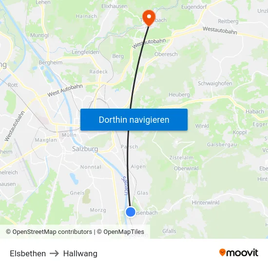 Elsbethen to Hallwang map