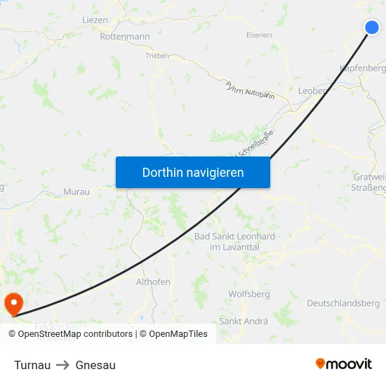 Turnau to Gnesau map